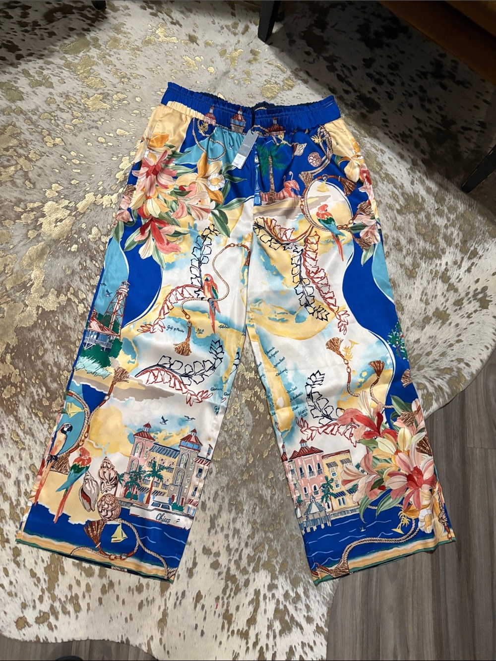 Chico's Blue Multi Tropical Print Wide-Leg Pants